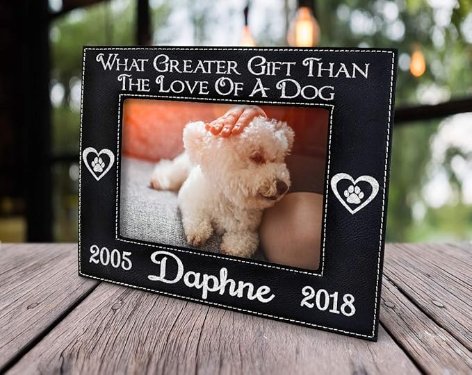 Stocking-Factory Dog Best Friend Pet Loss Photo Frame Engraved (Gold or Silver) Black Leather Customized Sympathy Memory Gift