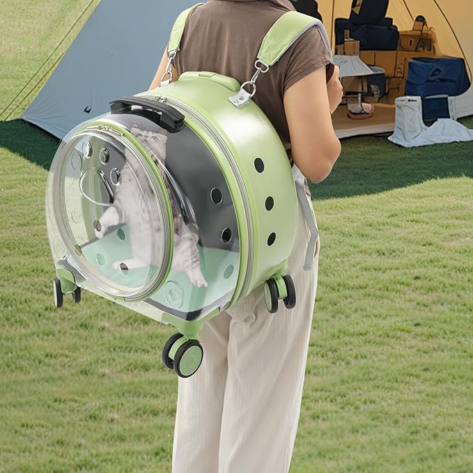 Cat Carrier with Rolling Wheels, Breathable Pet Carrier with Adjustable Handle and Shoulder Strap, Portable Traveling Clear Carriers for Cats, Dogs, Or Bunnies up to 19.84lbs (Green)