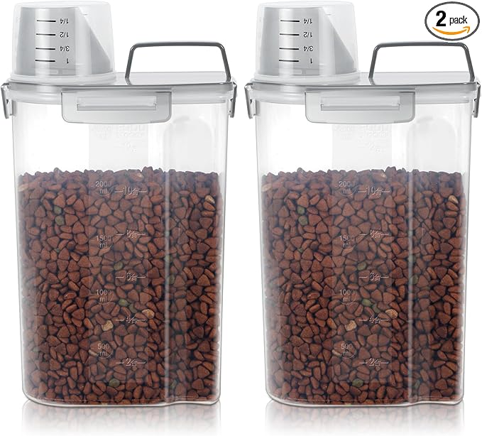 3-5Lbs Airtight Small Cat Dog Pet Food Storage Containers BPA Free, with Large Pour Spout/1 Measuring Cup/ 4 Safety Locks and Double-layer Silicone Strip (Clear Grey 2Pack)