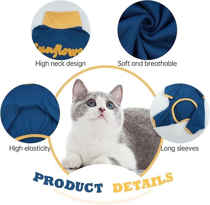 T'CHAQUE Sticky Hair Cat Onesie Pajamas, Soft Long Sleeve Cat Clothes, Anti-Shedding, Surgery Recovery Suit, Wound Protection & Preventing Licking, Kitten Sweaters for Male & Female-XL