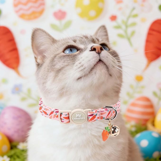 2 Pack Easter Cat Collar, Colorful Carrot& Carrot Egg Pattern Kitten Breakaway Collar,Adjustable Durable Easter Collar with Bell&Pendent for Female Male Cat