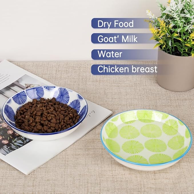 HAPPY KIT 2pcs Little Cat Bowls,5.7 inch Food Bowl for Indoor Cats，Ceramic Wide Shallow Bowl for Relief Whisker Friendly,8.5oz Cats Dish/Dishes with Non-Slip Mat, 2 Stamen