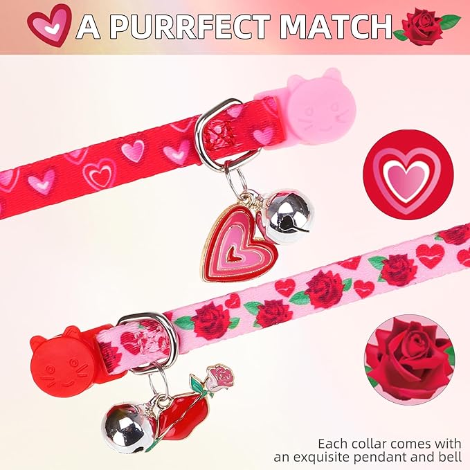 PUPTECK Valentine Breakaway Cute Cat Collar with Bell Charm for Kitty, 2 Packs Adjustable Kitten Collars Rose and Love Pattern, Pink, 7.8-11.8 in