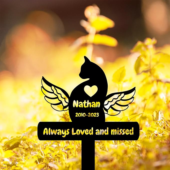 Personalized Cat Memorial Stake Outdoor Metal Memerial Plaque, Custom Pet Cat Memerial Grave Marker Remembrance Marker with Wings and Heart, Customized Animal Cat Memorial Garden Stake