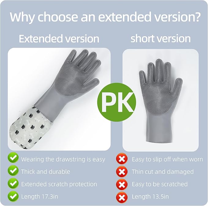 Dog Washing Gloves- Long Sleeved Pet Grooming Gloves - Heat Resistant Silicone Gloves with High-Density Teeth - Efficient Deshedding Glove for Dogs, Cats, Rabbits and Horses
