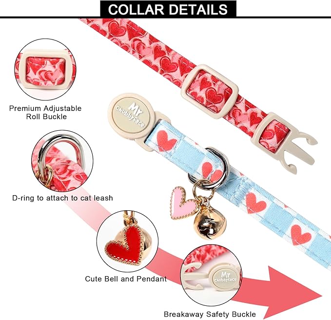 Valentine 2 Pack Cat Collar, Cute Soft Breakaway Kitty Collar with Bell&Pendent, Cotton Valentines' Heart Pattern Collar with Safety Buckle for Girl Cats