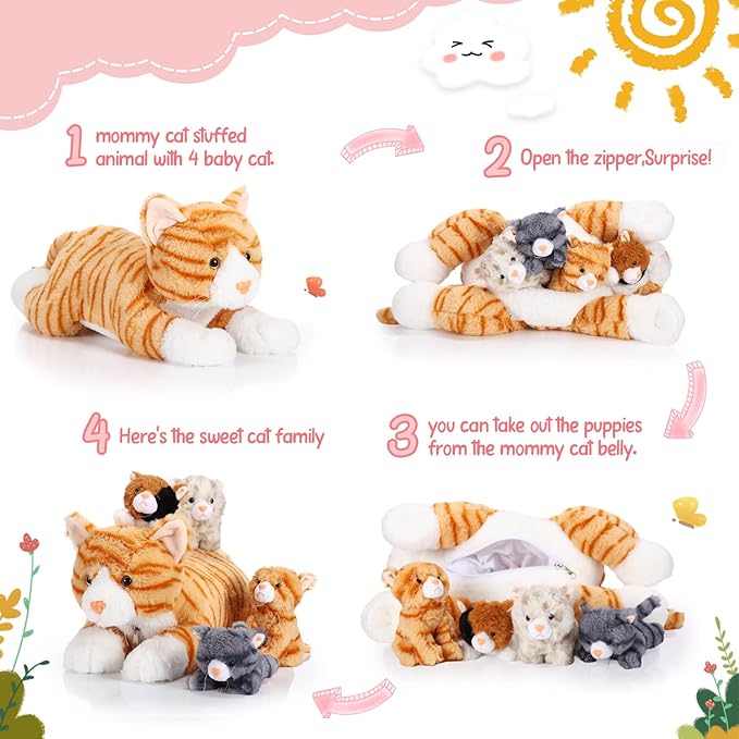 Skylety 5 Pieces Cat Stuffed Animal with Babies Inside Belly Plush Cat Pregnant Mommy Kitty with 4 Cute Fluffy Stuffed Kittens Christmas Birthday Surprise Gifts(Orange)