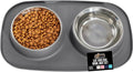 GORILLA GRIP Feeding Mat Set, Patent Pending 100% Waterproof BPA Free Silicone, Stainless Steel Cat and Dog Bowls, Slip Resistant, High Edges Catch Water Food, US Designed Pet Accessories, 2 Cup Gray