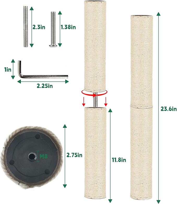 BNOSDM 2 Pcs M8 Cat Scratching Post Replacement Poles 11.8 x 2.75 in Cat Tree Tower Scratch Ropes Refill Sisal Pole Part for Refurbishment Hemp White