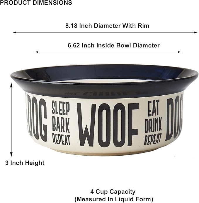 PetRageous 17001 Eat Drink Repeat Two-Tone Stoneware Dishwasher Safe Dog Bowl 4-Cup 8.18-Inch Diameter 3-Inch Tall for Medium and Large Dogs and Cats, Off-White, (Pack of 1)