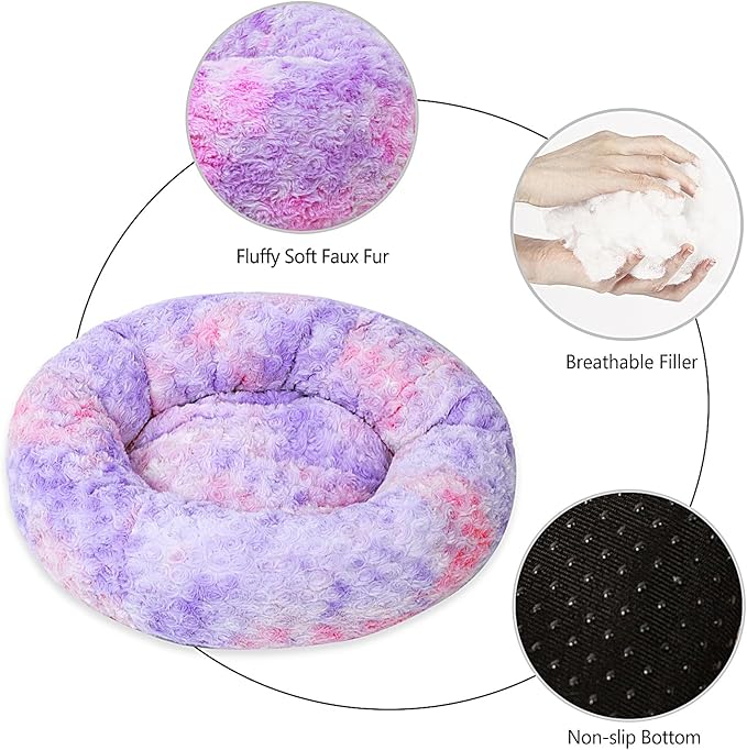 Calming Dog Bed for Small Dogs Cats, Kitty Puppy 23'' Round Anti-Anxiety Warm Fluffy Plush Faux Fur Bed, Soft Anti-Slip Donut Washable Small Pet Bed, Cozy Cat Puppy Bed, Fits up to 30 lbs Pets
