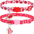 PUPTECK Valentine Breakaway Cute Cat Collar with Bell Charm for Kitty, 2 Packs Adjustable Kitten Collars Rose and Love Pattern, Pink, 7.8-11.8 in
