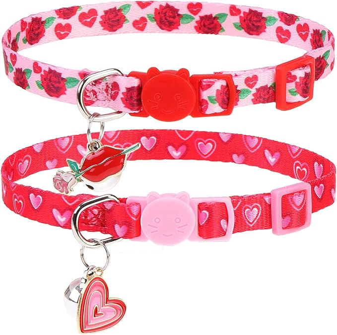 PUPTECK Valentine Breakaway Cute Cat Collar with Bell Charm for Kitty, 2 Packs Adjustable Kitten Collars Rose and Love Pattern, Pink, 7.8-11.8 in