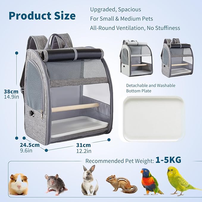 PETCUTE Bird Carrier Backpack,Breathable & Portable,Pet Travel Cage with Upgraded Tray and Standing Perches,Lightweight Foldable Birds Travel Cage for Hiking Camping,for Small Birds, Green Cheek