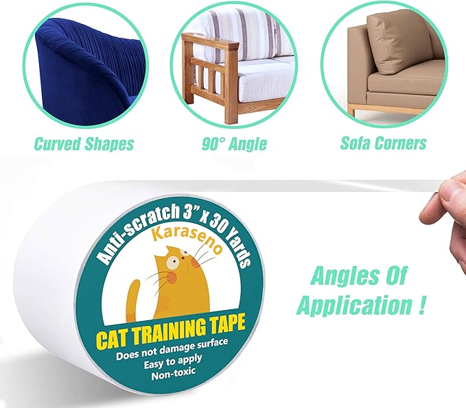 Karaseno Anti Cat Scratch Tape, 3 inches x 30 Yards Pet Training Tape, 100% Transparent Clear Double Sided Cat Scratch Deterrent Tape, Furniture Protector for Couch, Carpet, Doors, Pet & Kid Safe