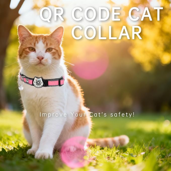 Cat Collar with Bells Reflective Cat Collars Breakaway with Oxford Cloth Soft Padding Adjustable Kitten Collar with QR Code（Pink）