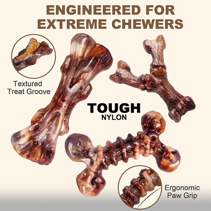6-Pack Heavy Duty Nylon Dog Chew Toys for Medium Large Dogs, Bacon Flavor, Pure Nylon for Aggressive Chewers, Reduces Boredom, Varied Shapes, Designed for 25-90 lbs Breed Sizes