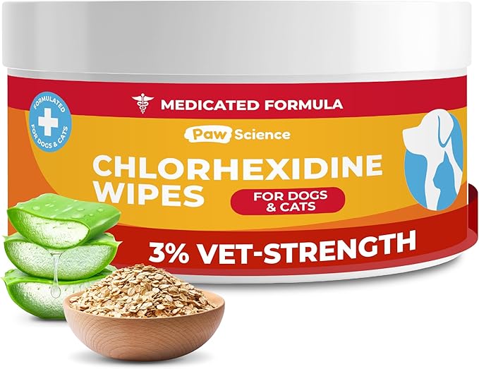 Paw Science 3% Chlorhexidine Wipes for Dogs and Cats - Cleansing Antiseptic, Antibacterial, Antifungal Wipes with Aloe for Skin Infections, Itchy Yeast Paws, Cat Acne