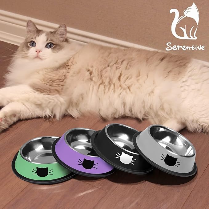 Serentive 2 Pcs Non-Slip Stainless Steel Small Food Bowls - Unbreakable, Thicken Cat Feeder, 7 Oz Dishes - Suitable for Indoor Small Pets - Removable Rubber Base, Easily Clean, Lovely Color