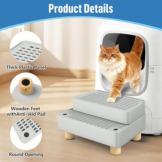 Extra Large 2 Steps Cat Litter Box Step Ramp, Cat Litter Catcher Mat with Wooden Feet, Filter Function, Cat's Pedal Stool for Self-Cleaning Litter, Suitable Kitten & Elderly Cats (Light Grey)