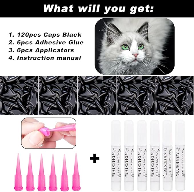 VICTHY 120pcs Cat Nail Caps | Cat Claw Caps | Cat Nail Covers with Adhesives and Applicators (Black S)