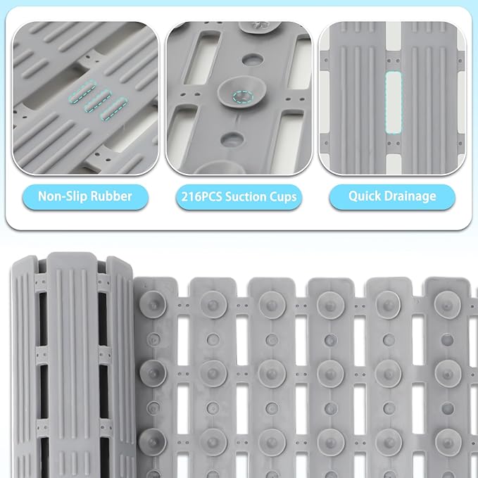 Non Slip Dog Bath Mat for Tub, Quick Drain Pet Bathtub Mat, 35.4 x 15.7 Inch Trimmable Non Slip Shower Pad with Drain Holes and 216 Suction Cups for Pet Bathing, Dog Shower Attachment (Grey L)