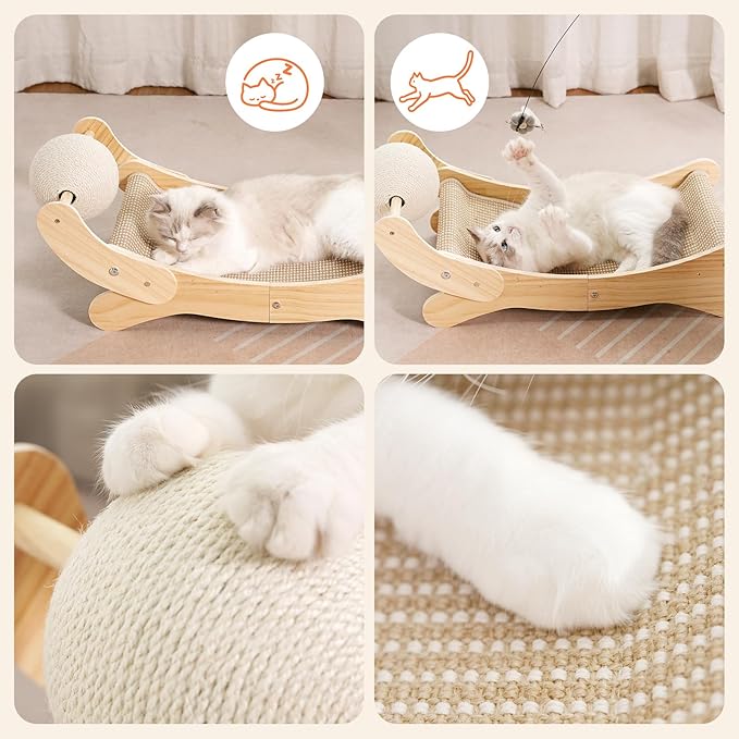 Cat Scratcher Bed Natural Sisal Cat Scratch Chair Hammock, 27.5 Inch Extra Large Scratching Post Lounger Pad with Large Sisal Toy Ball for Indoor Cats