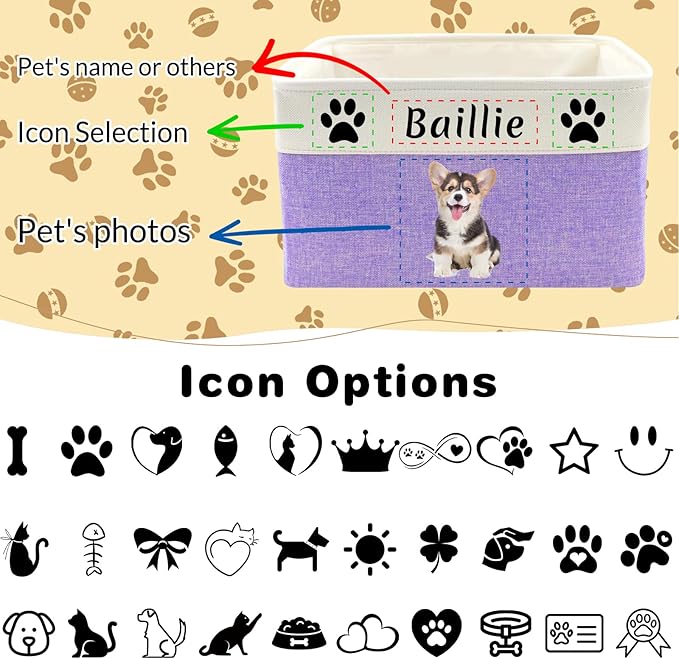 Custom Dog Toy Basket with Name Photo, Personalized Toys Clothing Storage Bins for Dogs Cats Pet,Collapsible Doggy Box Customized for Toy Food Gray