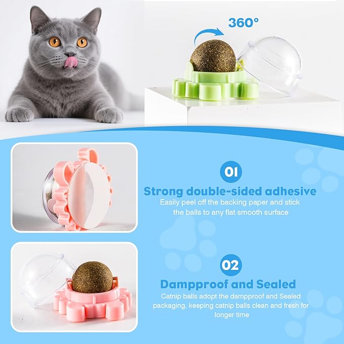 Catnip Balls 4 Pack Wall Mounted Catnip Balls 360° Rotatable Interactive Cat Toys for Indoor Cats Anxiety Relief & Teeth Cleaning Chew Toys