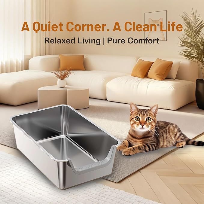 Stainless Steel Cat Litter Box, Steel Litter Pan with Curved Low Entry, Leak Proof 6 Inch High Side for Urine, Easy Entry for Kittens Older Cats, No Slip, 23.6" x 15.7" x 7.9", Grey
