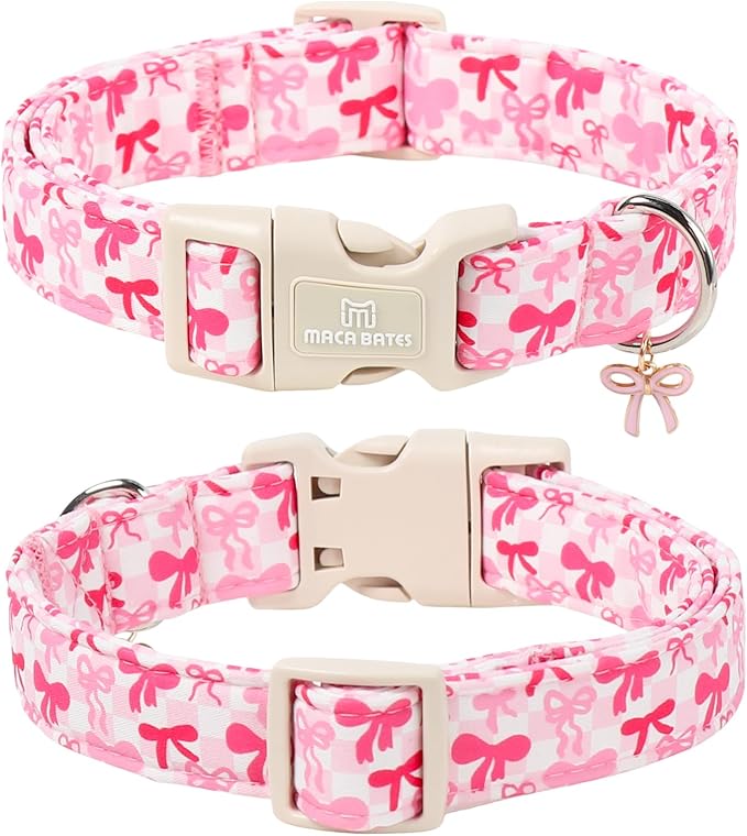 Maca Bates Pink Bow Basic Dog Collar with Cute Sailor Bowtie Charm for Extra Large Girl Dogs, Girly Bows Gingham Pattern,Feminine Style Adjustable Durable Soft Collars Birthday Gift for Female Puppy