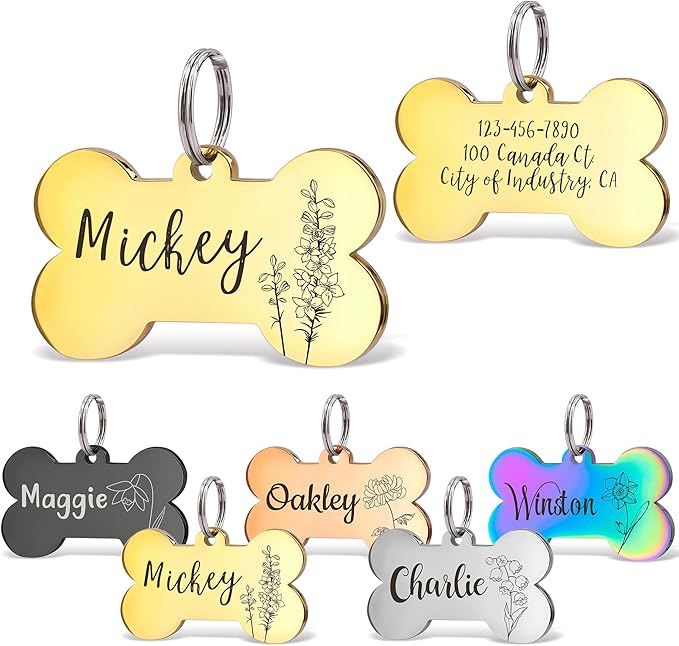 Anavia Floral Pet ID Tags, Birth Month Flowers Theme Dog Tag Round Bone Shape Cat Name Tag, Glossy Stainless Steel Gold Plated Dog Collar Tag (Bone Shape - Gold, Medium)