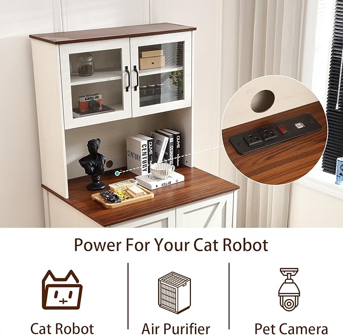 71'' Dog-Proof Large Cat Litter Box Enclosure with Super Convenient Litter Collector,for Placing self-Cleaning Litter Box,Litter Cabinet with Outlet and LED,Space for cat stuffs,White