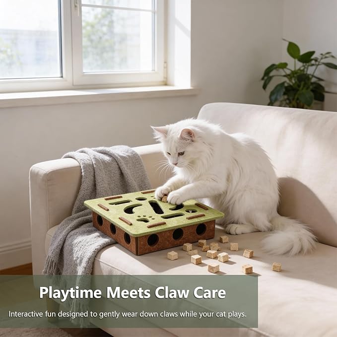 Felt Cat Nail File Enrichment Box, Soft Scratch Puzzle with Sandpaper Surface, Stress Free Nail Care Alternative, Interactive Maze Scratcher with Bell Ball for Indoor Cats