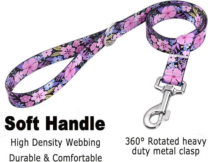 Dog Collar and Leash Set with Bohemia Floral Tribal Geometric Patterns - Soft Ethnic Style Collar Adjustable for Small Medium Large Dogs(Pink Floral Set,L)