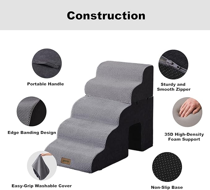 Dog Ramp for Large Dogs - 24" H 5 Steps Pet Stairs for High Bed with Tunnel 2 in 1 with Zippers Suitable, Indoor Cat Ladders with Non-Slip Bottom, Black