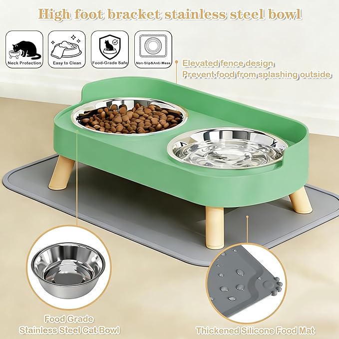 Elevated Cat Bowls with Food Mat, Splash Proof Anti Vomiting Raised Cat Food and Water Bowl Set, 2 Stainless Steel Dishes for Cats and Puppy, Pet Bowl for Indoor Cats Green