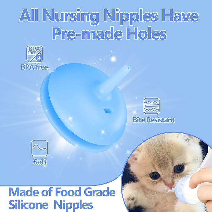 Pet Feeding Bottle,3 Pack Wide Mouth Angled Nursing Bottle, 3 Sizes Nipples with Ventilation Valve Resistant Tearing Perfect for Puppies, Kittens, Small Wildlife（Blue）