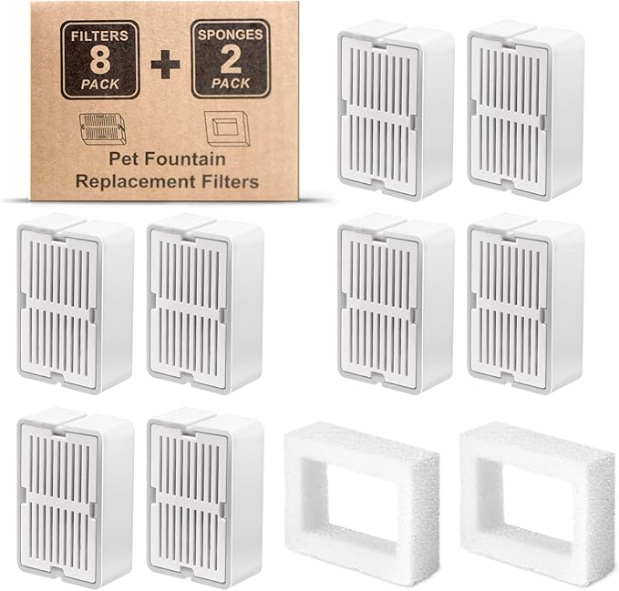 Petilog Cat Water Fountain Filters, 8 Carbon Filters& 2 Foams Filters with Holders, Pet Water Fountain Filters