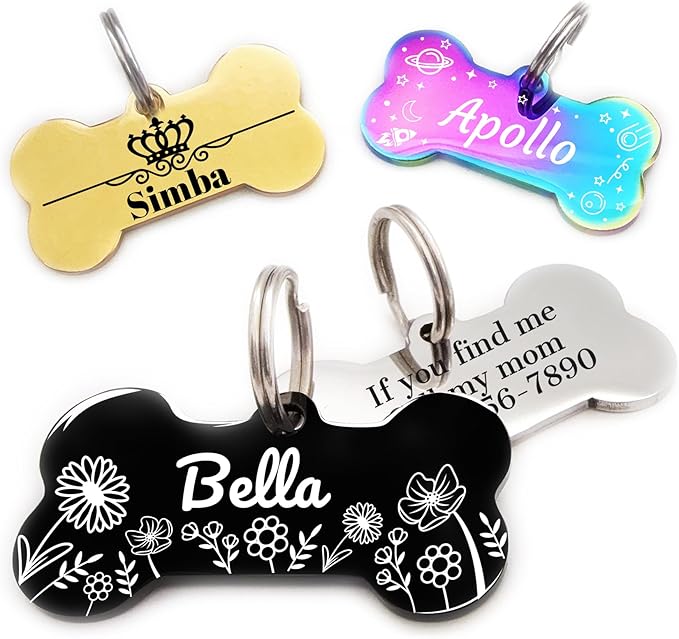 Personalized Dog Tags and Cat Tags, Stainless Steel Pet ID Tags, Collar Charm Engraved on Both Sides, up to 4 Lines of Custom Text, Various Patterns and Colors Options (Bone)