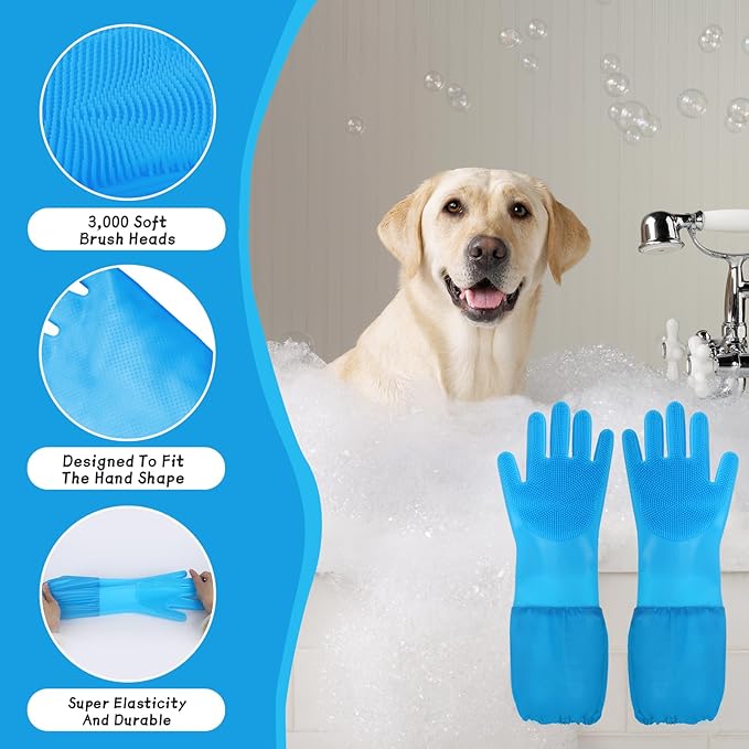 Dog & Cat Grooming Gloves – 2-in-1 Silicone Shower Gloves with Finger Toothbrush – Soft, Multifunctional Pet Hair Remover for Bathing, Massaging & Cleaning(Blue)