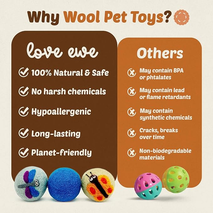 Hustle & Blush Love Ewe Felted Cat Toys 3 Pack - 2 Inch Dragonfly & Butterfly Hand Made Cute & Fun Design Kitten Wool Felt Balls for Indoor Play & Exercise - 100% New Zealand Handmade Felted Balls