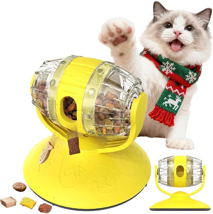Interactive Cat Treats Dispenser Toy, Pet Valentine Puzzle Feeder Food Dispenser, Kitty Interactive Enrichment Toys, Dispensing Foods Slow Feeder for Indoor Cats IQ Training, Yellow