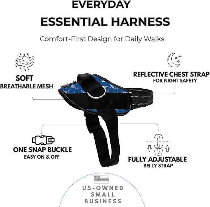ShawnCo Essential Dog Harness, No-Pull Pet Vest with 3 Leash Clips, No Choke, Reflective, Adjustable and Padded, for Easy Walking and Training for Small, Medium and Large Dogs (White Sharks, XS)