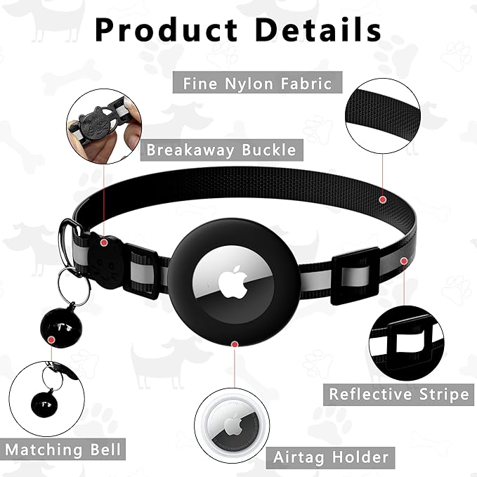 Cat Collar with Air Tag Holder, Reflective Kitten Collar with Bell, Breakaway Airtag Cat Collar for Boys Girls Cats, GPS Tracker for Cats 0.4’’ Width Adjustable Safe Kitty Collar, Black