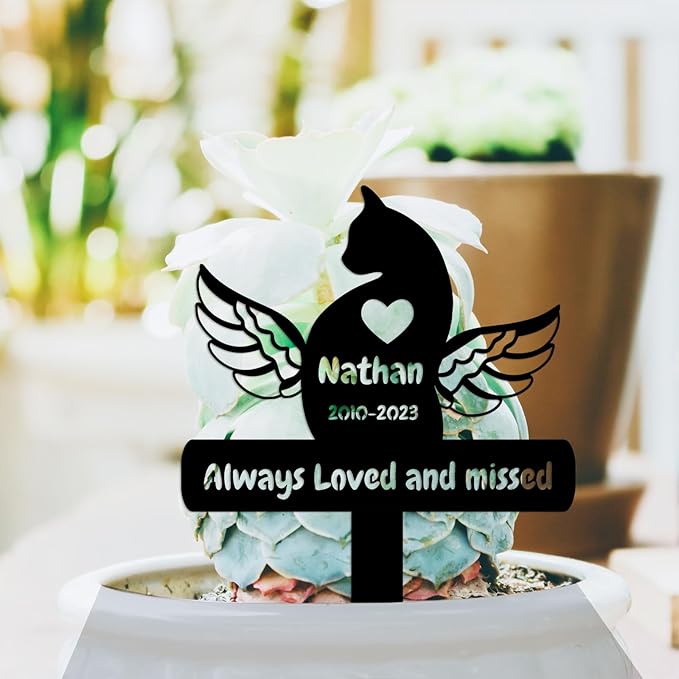 Personalized Cat Memorial Stake Outdoor Metal Memerial Plaque, Custom Pet Cat Memerial Grave Marker Remembrance Marker with Wings and Heart, Customized Animal Cat Memorial Garden Stake
