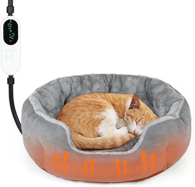 FHTONGE Washable Heated Cat Bed with Timer Temp Adjustment, Self Warming Cat Donut Bed with Overheat Protection, Snuggle Round Pet Nest with Electric Heating Pad, Thermal Cozy Cuddler for Kitten Puppy