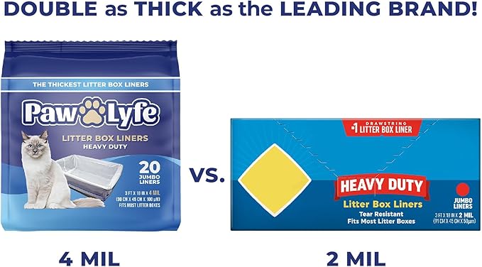 PawLyfe Jumbo Cat Litter Box Liners - 4MIL Extra Thick Heavy Duty Drawstring Kitty Litter Bags - Scratch and Tear-Resistant XL Cat Pan Liners for Easy Litterbox Cleanup - 36" x 18" - Box of 20 Liners