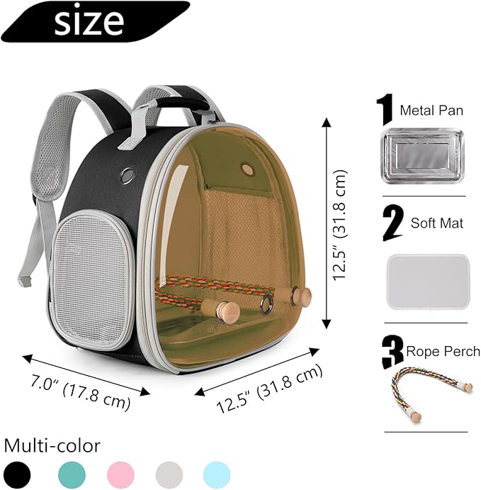 Bird Travel Backpack Carrier with Metal Tray and Standing Perch, Polarized Tint Brown Space Capsule Astronaut Bubble Hard Window
