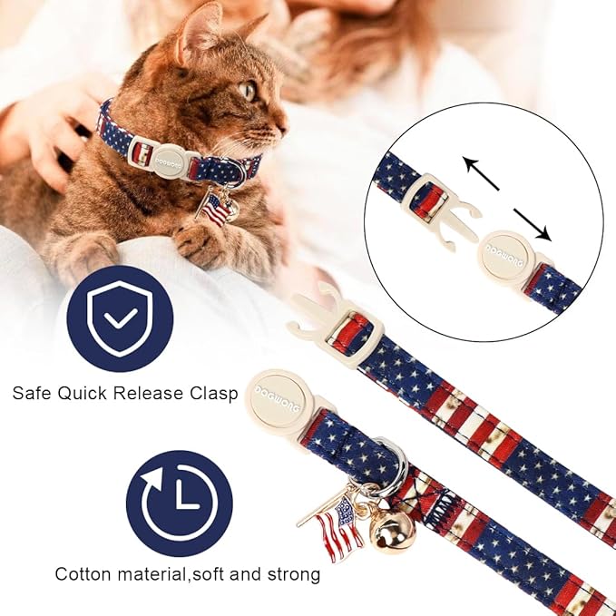 2 Pack American Flag Cat Collars Breakaway with Bell, DOGWONG Safety Buckle 4th of July Patriotic Cute Cat Collar for Girl Boy Cats，Adjustable 7-12 Inch